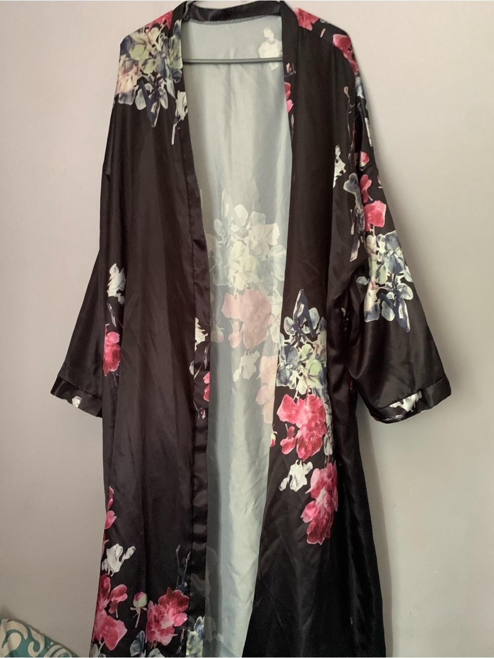 Women's Black Floral Robe with Pink Floral Accents